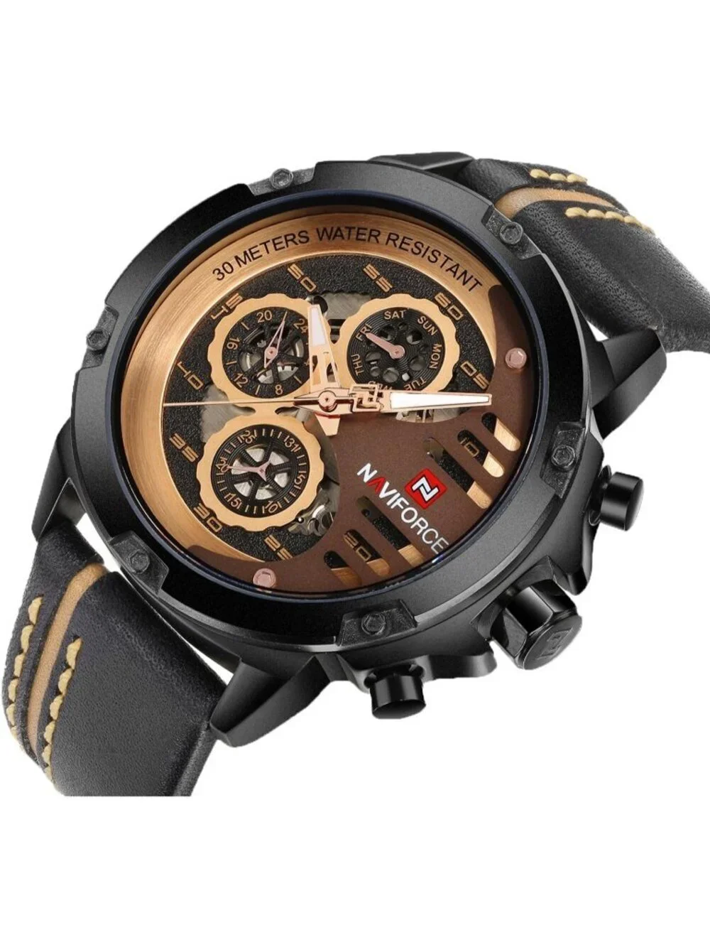 Men's Black Rose Gold Analog Quartz Leather Band Waterproof Military Wrist Watch